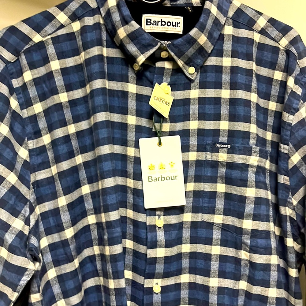 Barbour Navy Mens Button w/ Pocket (Tartan 7 Tailored) (USA) L